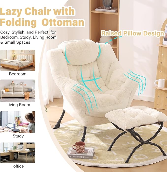 Lazy Chair with Ottoman, Modern Chair with Folding Footrest, Plush Beige Accent Chair, Comfortable Reading Chair, Oversized Armchairs for Bedroom, Study, Living Room, Courtyard