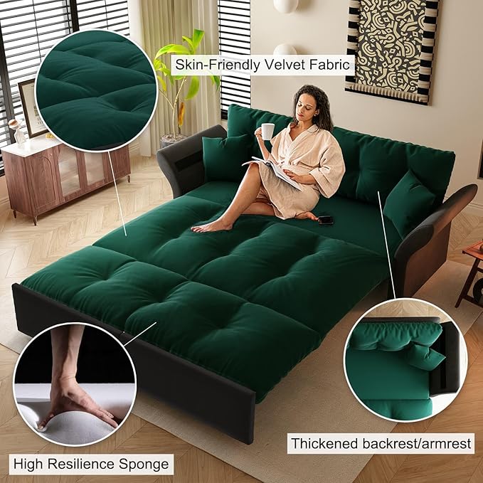 74.8" Oversized Convertible Pull Out Sofa Bed Queen Size, 3 in 1 Multi-Functional Velvet Upholstered Cloud Loveseat Futon Couch Lounge Chaise Pullout Sofabed w/Tufted Cushions