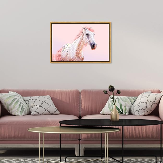 Country Farmhouse Canvas Print Painting Animal Wall Art 'Pink Glam Horse' Gold Framed Canvas Rustic Home Décor 24x16 in Pink, White by Oliver Gal