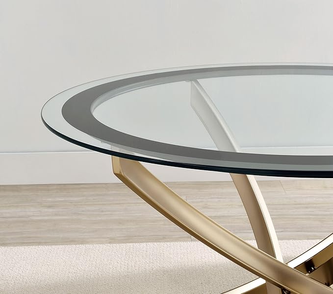 Coaster Home Furnishings - Brooke - Glass, Metal - Round Coffee Table with Clear Glass Top, Crisscross Metal Legs and Black Trim - Living Room - 35.5 Inch - Rose Brass - 707888