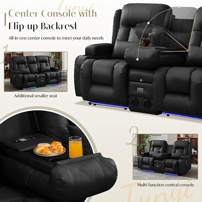 TUNYI Power Loveseat Recliner Sofa, Faux Leather Reclining Sofa with Console RV Reclining Loveseat Couch with USB/Outlet/Storage/Side Pocket/LED Light/Speaker (Black, Loveseat)