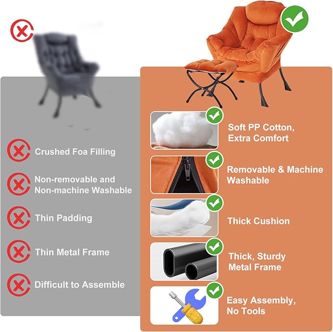Lazy Chair with Ottoman, Modern Chair with Folding Footrest, Velvet Orange Accent Chair, Comfortable Reading Chair, Oversized Armchairs for Bedroom, Study, Living Room, Courtyard