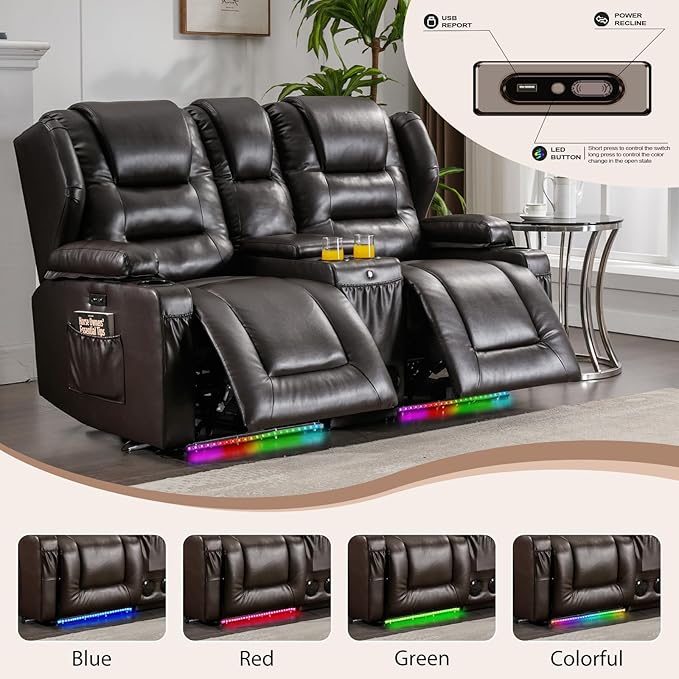Oprisen Loveseat Power Recliner Sofa Couch Electric Reclining Sofa Chair for Living Room with Multi-Function Console/Cup Holders/LED Ambient Light