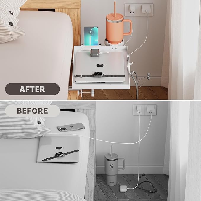 Bedside Shelf Foldable, Metal Clip-On Bed Shelf for Top Bunk Heavy Duty Bed Side Table Tray for College Dorm Essentials, Loft Nightstand Organizer Tray with Removable Cup & Phone Holder(White)