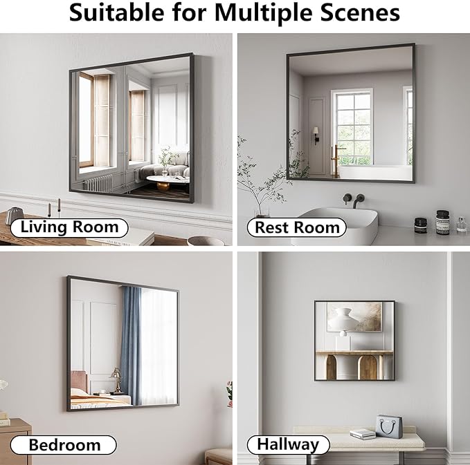 Koonmi Bathroom Mirror for Wall, 30"x30" Black Bathroom Mirror for Over Sink, Shatterproof Tempered Glass Vanity Mirror with Anti-Rust Aluminum Alloy Frame, Hang Horizontally or Vertically