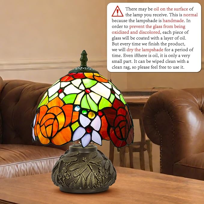 JHuiLap Small Tiffany Stained Glass Lamp, 3 Color Temperatures Bedside Lamp, 8 Inch Mushroom Desk Light for Bedroom Living Room Office Home Decor (Two-Color Rose)