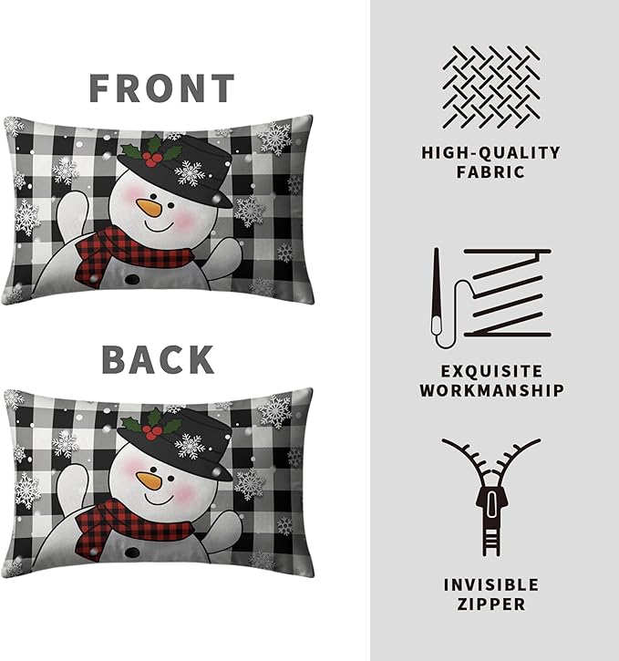 Christmas Santa Lumbar Pillow Covers 12x20 Set of 2 Snowman and Xmas Santa Rectangle Cushion Case Christmas Black Buffalo Plaid Waist Throw Pillowcases for Living Room Bedroom Sofa