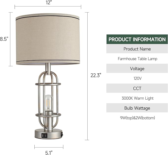 Table Lamps for Living Room Set of 2, 22.3" Farmhouse Lamps for Nightstand, Industrial Table Lamps for Bedroom with USB Ports, Bulbs Included