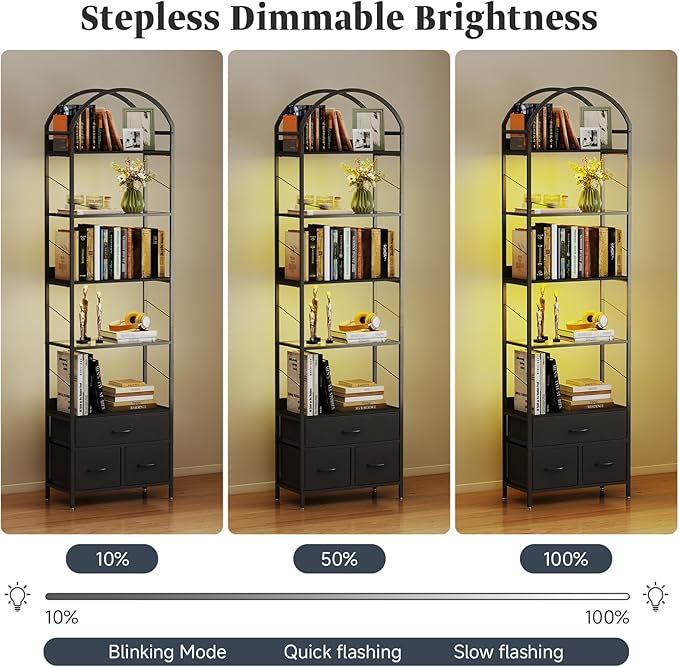 Tall Narrow Bookshelf with 3 Drawers, Arched Bookcase with 4 Legs, 84 inches 5 Tier Skinny Book Shelves with LED Lignts for Living Room, Office, Black