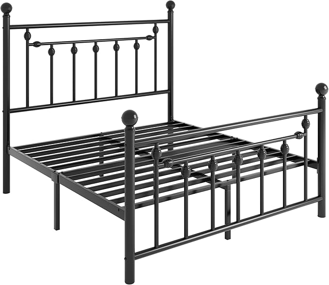 SHA CERLIN 14" Queen Size Metal Platform Bed Frame/Victorian Headboard and Footboard/Steel Slats Mattress Foundation for Storage/No Box Spring Needed/Noise Free/Black