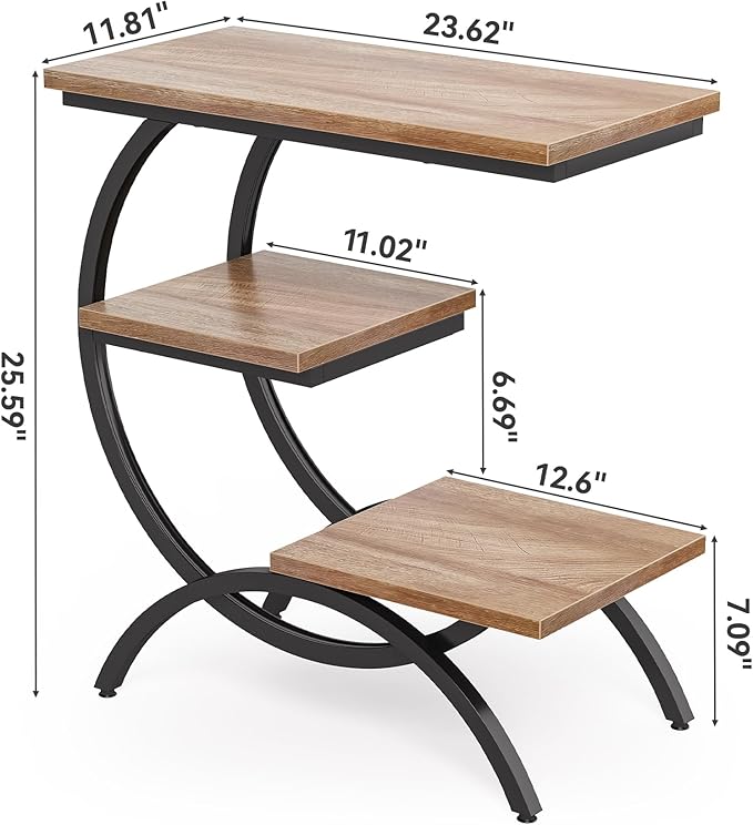 LITTLE TREE End Table Set of 2, Narrow End Table with 3 Storage Shelves, Industrial C-Shaped Small Sofa Side Table for Living Room, Wood Slim Snack Table with Black Metal Frame, Oak