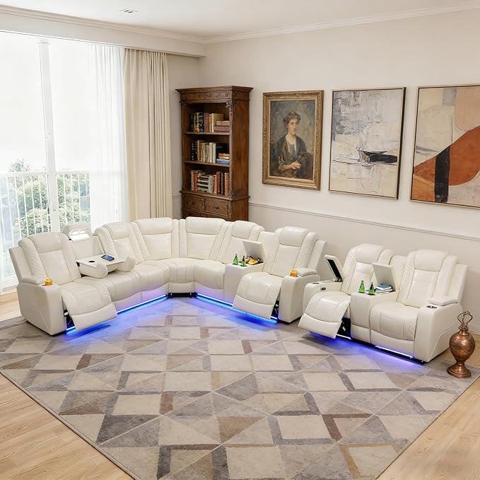 Power Recliner Sectional Sofa Set, Creamy Leather Sectional Couch and Loveseat for Living Room, L Shape Reclining Sofa with Cup Holder, Hidden Storage, Drop-Down Table for House(8 Seat)