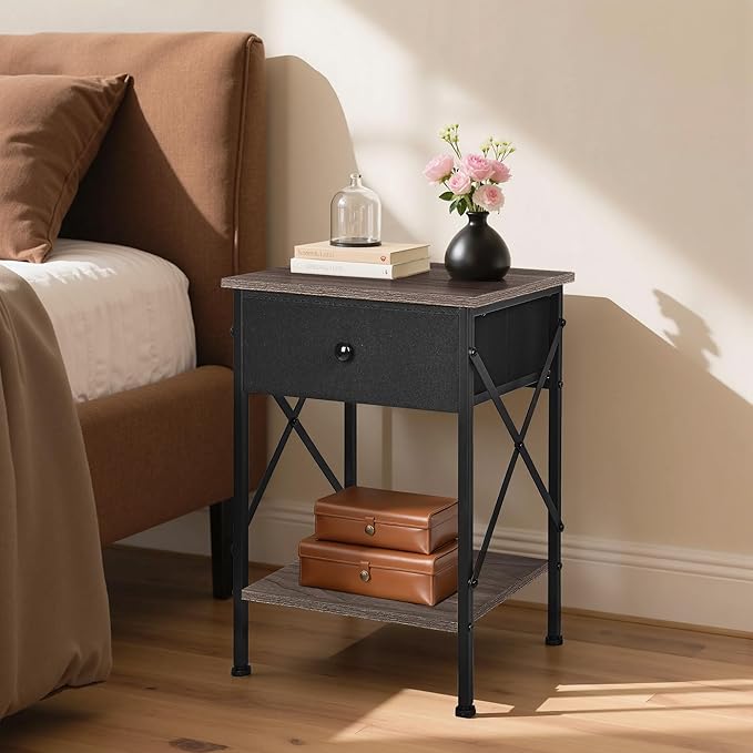 VECELO Nightstand, X-Design End Side Table with Fabric Storage Drawer and Open Shelf, Bedside Night Stand with Steel Frame for Bedroom, Living Room,Dorm, Easy Assembly, Gray