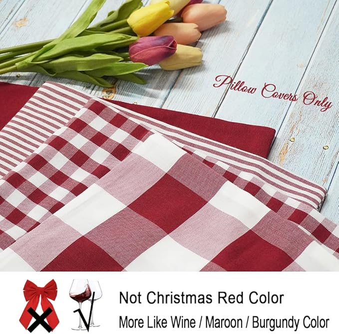 CARRIE HOME Red Plaid Decorative Throw Pillow Covers 20x20 Set of 4, Burgundy Red and White Christmas Couch Pillows 20 x 20, Red Buffalo Checkered Living Room Decor Pillows Also for Front Porch