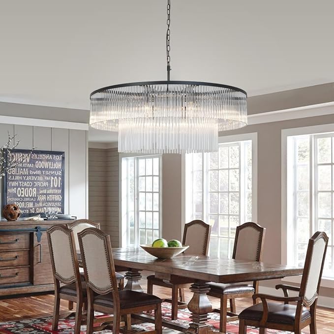 Contemporary Black Chandeliers, 2-Tier Dining Room Glass Chandelier Lighting 10 Lights Round Chandelier for Living Room Foyer Entryway Ceiling Hanging Pendant Light Fixture 32"