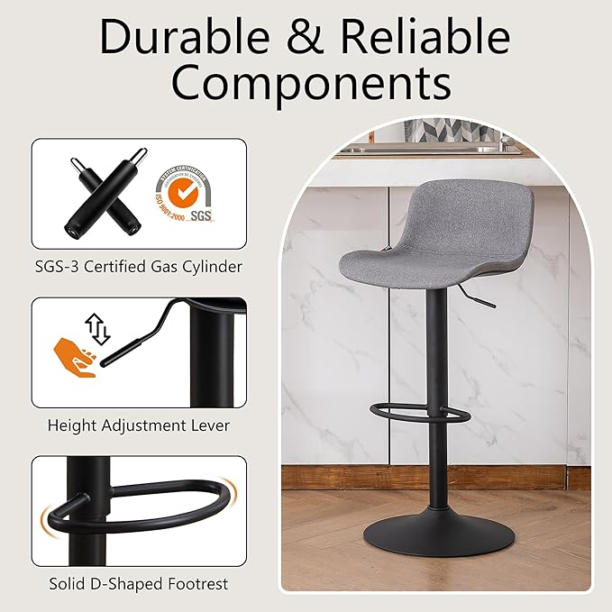 YOUTASTE Fabric Grey Bar Stools Set of 2, Modern Upholstered Counter Height Barstools, Adjustable Swivel Bar Stool with Black Metal Legs, Breakfast Bar Chairs for Kitchen Island Home Bistro