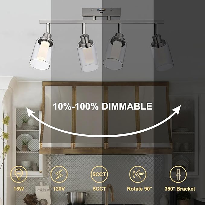 4-Light LED 5-Color Temperature Track Lighting Fixtures in Brushed Nickel, Ceiling Spotlight Bathroom Wall Lighting with Integrated LED Chips & Clear Glass Shade & Frosted Column
