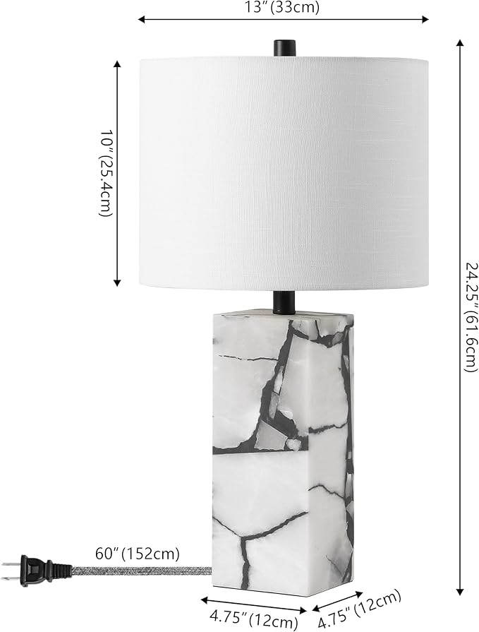 JONATHAN Y 24.25" Black/White Modern Alabaster LED Table Lamp for Home Decor, White Linen Shade, Coastal Nightstand Lamp with Built-in Base Accent Light (JYL8507A)