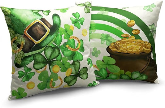 Shamrock St Patrick Day Pillow Covers 22x22 Lucky Charm Blessed Hat Gold Coin Clover Stripes Pillow Cases 2 Pcs Happy Saint Patricks Day Decorative Cushion Cases for Home Party Sofa