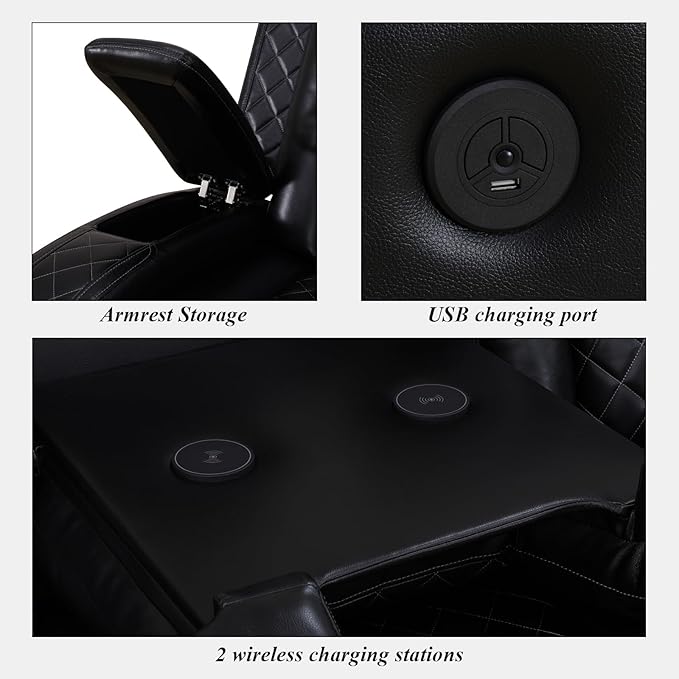 Power Reclining Sectional Couch for Living Room, Black Leather Sectional Sofa Set with Recliner, LED Lights, Storage Console, Cup Holders, USB Charging, Home Theater Seating for Family Room