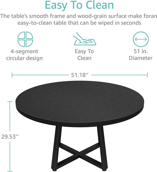 Black Round Dining Table for 6 - Modern Circle 51 Inch Large Room Kitchen Dinning Tables for 4 to 6 Person Seats Small Spaces Wood Dinner Mesa De Comedor Redonda