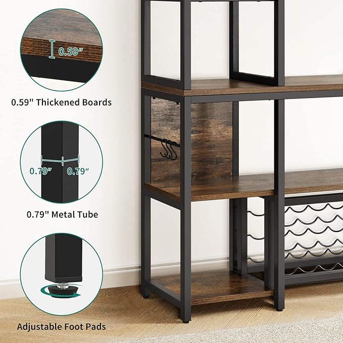 DWVO Large Bakers Rack with Power Outlets and Wine Rack, 35.5 inch 5-Tier Microwave Stand, Coffee Bar with Glasses Holder, Kitchen Storage Shelf with 6 Hooks, for Living Room, Office, Rustic Brown