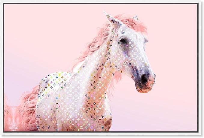 Country Farmhouse Canvas Print Painting Animal Wall Art 'Pink Glam Horse' White Framed Canvas Rustic Home Décor 45x30 in Pink, White by Oliver Gal