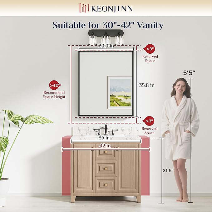 Keonjinn 30 x 36 Inch Brushed Nickel Bathroom Mirror, Beveled Rectangle Framed Mirror for Wall, Farmhouse Bathroom Vanity Mirror for Over Sink, Square Corner, Tempered Glass