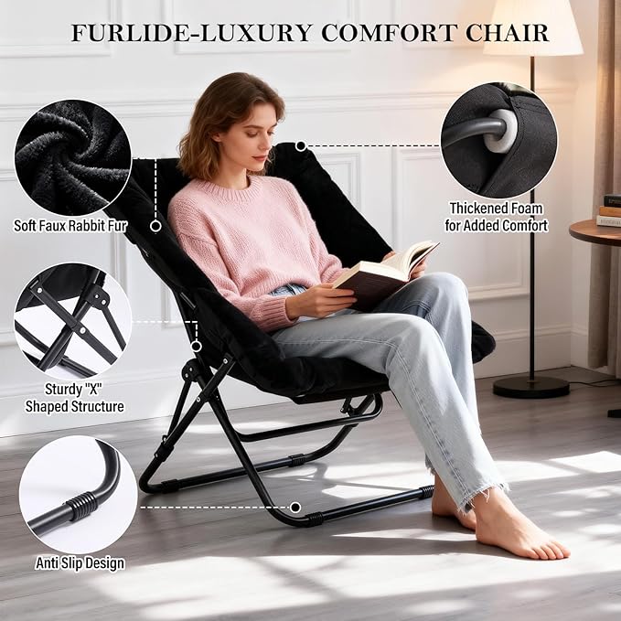 Saucer Chair, Comfy Bedroom Chairs, Oversized Folding Faux Fur Chair, Foldable Metal Frame Chair for Bedroom, Patio, Study, Playroom (Black)