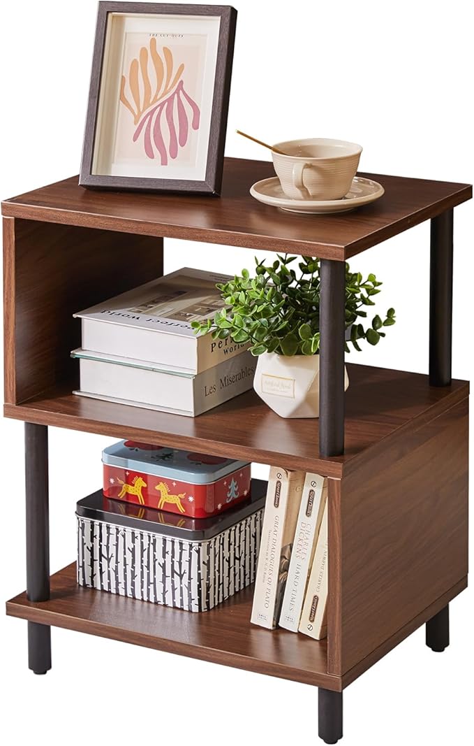 Minimalist Nightstand Light - Walnut Small Bedside Table with Open Storage, Small End Table for Bedroom, Light Walnut YD-TM152LW