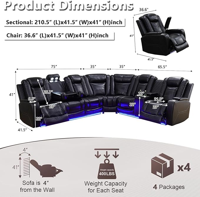 Power Reclining Sectional Sofa Set with LED Light, Leather Sectional Couches, Living Room Furniture Sets, Modern Power Recliner Sofa Sets with 3 Recliner Seater, Couches for Living Room