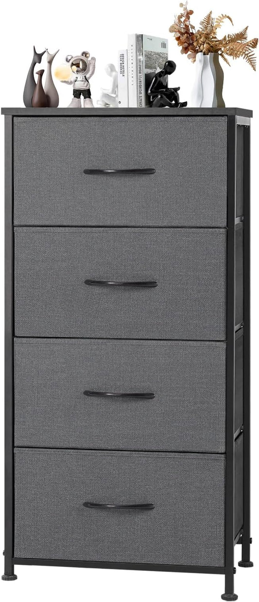 DUMOS Dresser for Bedroom 4 Drawers, Tall Fabric Closet Chests Organizer Tower Furniture with Wooden Top Metal Frame for Living Room, Closet, Grey