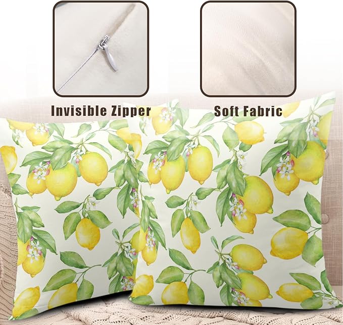 Yellow Lemon Throw Pillow Covers 16 X 16 Inch Watercolor Fruit Leaves Floral Decorative Cushion Case Farmhouse Spring Summer Outdoor Pillow Cases for Home Sofa Couch, 2 Pack