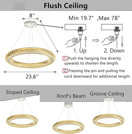 LED Chandelier Modern Dimmable Dining Room Chanderliers Entryway Crystal Ring Pendant Lights for Kitchen Bedroom Living Room Silver Light