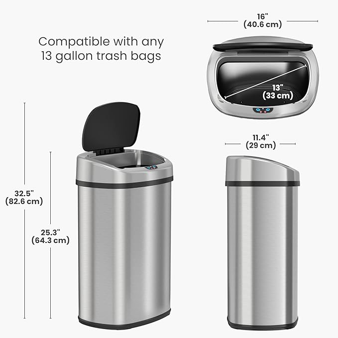 iTouchless 13 Gallon Oval Sensor Trash Can with Odor Filter, 50 Liter Automatic Kitchen Garbage Bin, Fingerprint-Proof Stainless Steel, Smart Hands-Free Motion Lid, Quiet Soft-Close, Brushed Silver