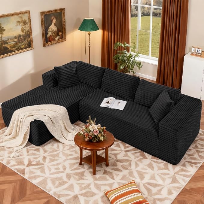 COMHOMA 105”Modular Sectional Sofa with Deep Seat,Cloud Upholstered L-Shape Couch Wide Arms Corduroy Fabric High-Density Foam Chaise Lounge for Living Room No Assembly Required