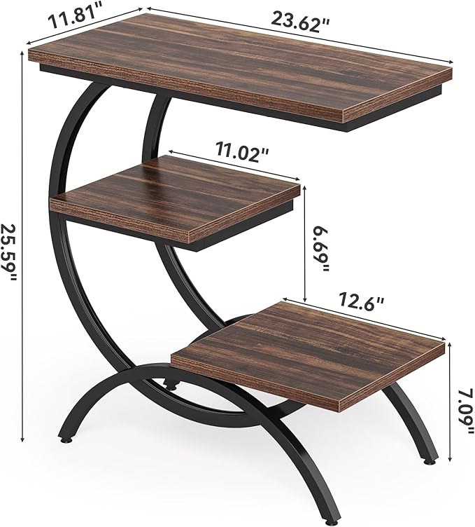 LITTLE TREE End Table, Narrow End Table with 3 Storage Shelves, Industrial C-Shaped Small Sofa Side Table for Living Room, Wood Slim Snack Table with Black Metal Frame, Rustic Brown