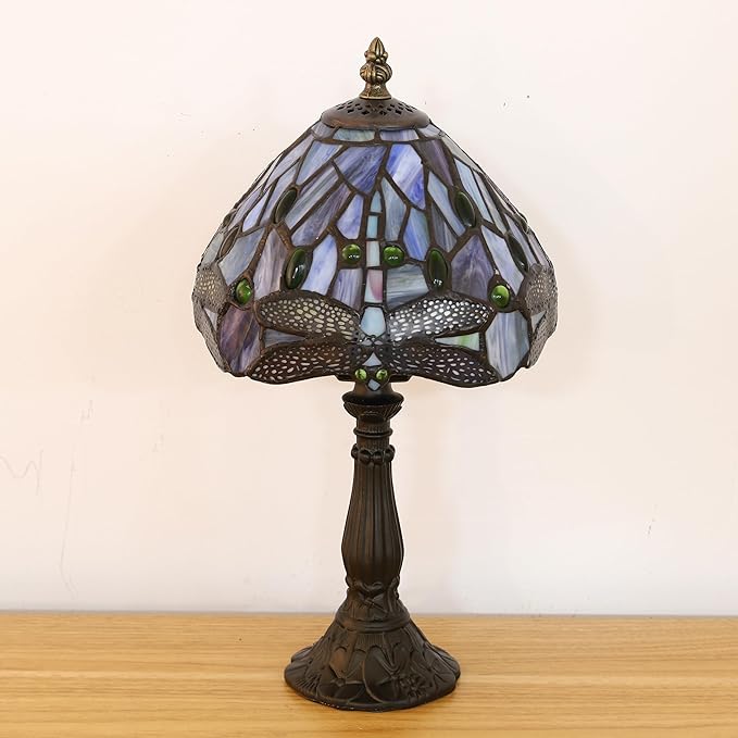 Tiffany Small Table Lamp Blue Dragonfly Hand-Made Stained Glass Table Lamps for Bedroom 8.5X8.5X15 Inch Night Light Bedside Nightstand Home Office Desk Lamp W/ E12 LED Bulb