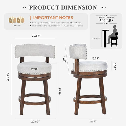 COLAMY Swivel Bar Stool Set of 2, Modern Swivel Barstool with Back, Counter Height Bar Stools, 25 Inch Upholstered Wood Barstool for Kitchen Island Dining Room Bar, Beige