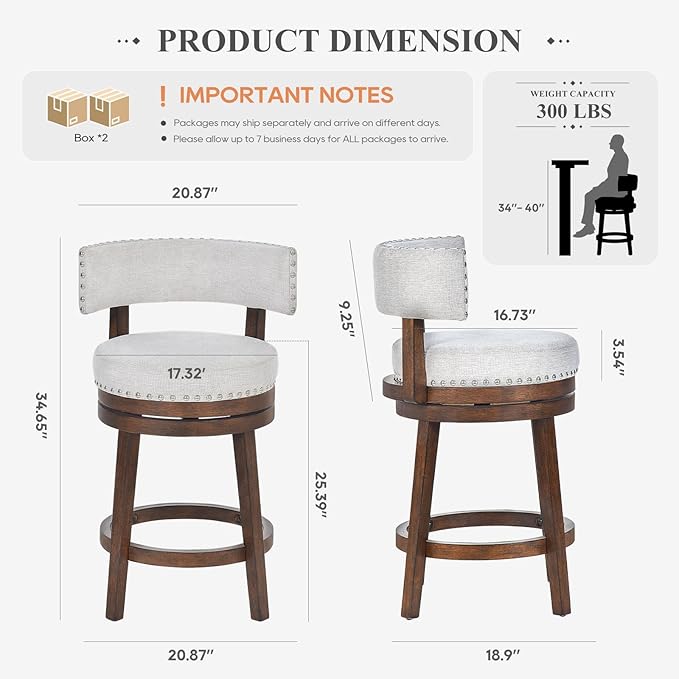 COLAMY Swivel Bar Stool Set of 2, Modern Swivel Barstool with Back, Counter Height Bar Stools, 25 Inch Upholstered Wood Barstool for Kitchen Island Dining Room Bar, Beige