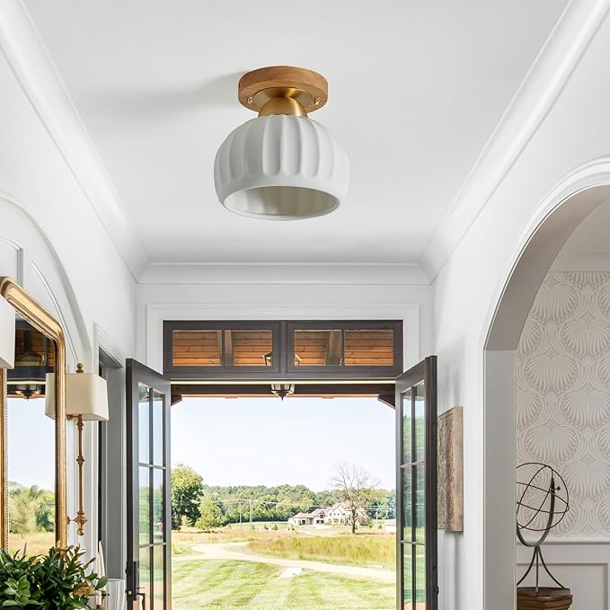 Ceramic Wood Brass Semi Flush Mount Ceiling Light Vintage Hallway Light Fixtures, Modern Small Ceiling Mount Light Lamp for Hall Kitchen Entryway Passway Porch Foyer