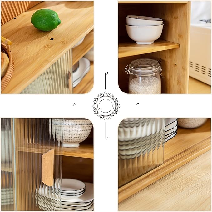 HollyHOME Small Bamboo Wall Mounted Kitchen Pantry Sideboard with 2 Doors and Adjustable Shelves, Coffee Wine Bar Storage Cabinet for Liquor and Glasses, Dining Cupboard for Bottle, Dish, Burlywood