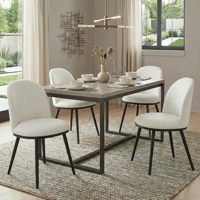 Dining Chairs Set of 4, Fabric Upholstered Dining Room Chairs with Ergonomic Backrest & Metal Legs, Modern Kitchen Side Chairs for Home, Restaurant, and Café, Ivory, 2 Boxs