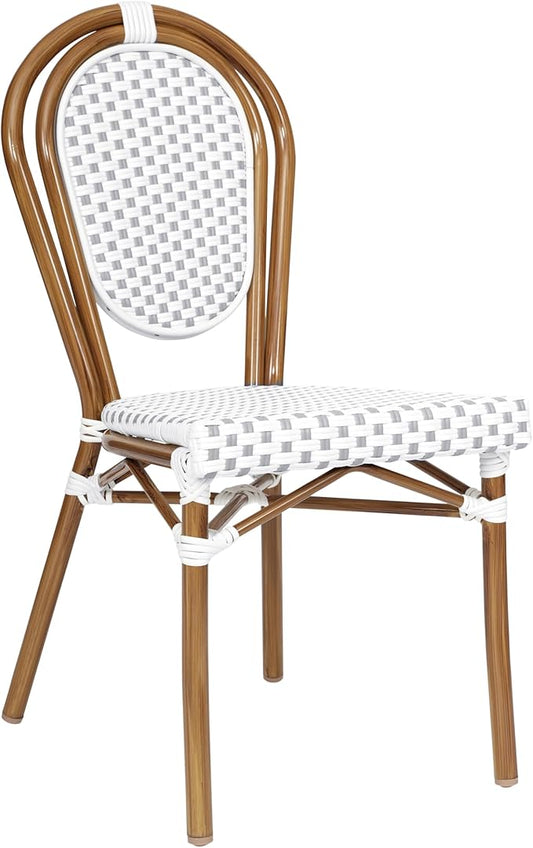 Flash Furniture Lourdes Indoor/Outdoor Commercial Thonet Bistro Stack Chair - White/Gray PE Rattan Back and Seat - Natural Bamboo Print Metal Frame