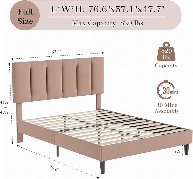 VECELO Full Size Bed Frame with Upholstered Headboard, Heavy-Duty Bedframe with Wooden Slats & Steel Framework, Easy Assembly, Coffee