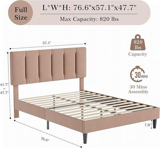 VECELO Full Size Bed Frame with Upholstered Headboard, Heavy-Duty Bedframe with Wooden Slats & Steel Framework, Easy Assembly, Coffee