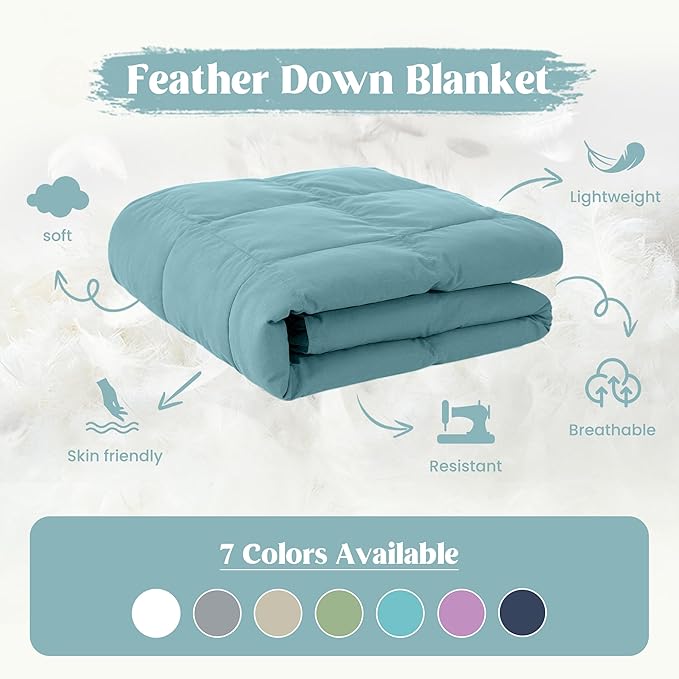 puredown® Soft Feather Down Blanket Lightweight Packable Down & Feather Fill Blanket for Indoor and Outdoor Use, King Size Blankets, Sea Blue