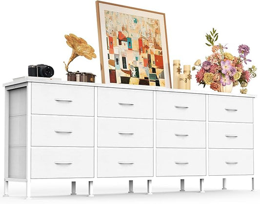 DUMOS TV Stand for Bedroom with Storage TV Stands for Living Room White, 12 Drawer Dresser Farmhouse Entertainment Center for up to 80 Inch TVs, Media Console Table with Metal Frame Adjustable Feet