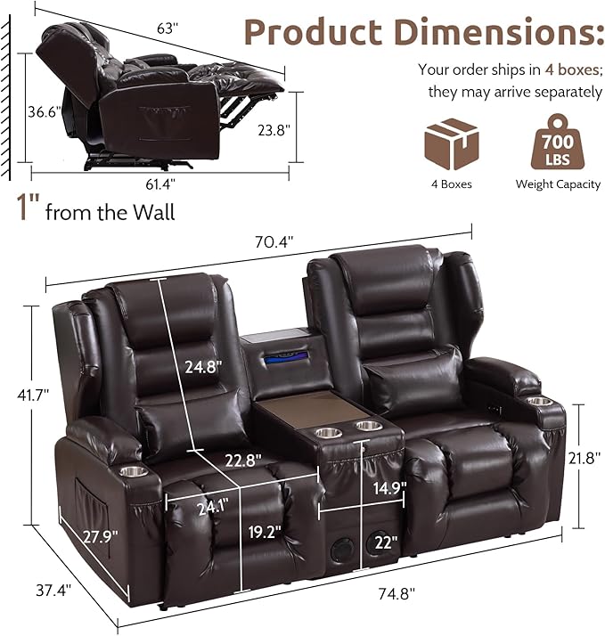 SAMERY Loveseat Recliner Sofa, Power Reclining Loveseat Sofa, Wall Hugger Recliners RV Couch with Console, Lift-Top Table, Rhythm & Ambient LED Lights, USB-C, Outlets, Faux Leather, Brown | Extra Wide Seat, Plush Padding, Dual Power Recline, Lift-Up Ta...