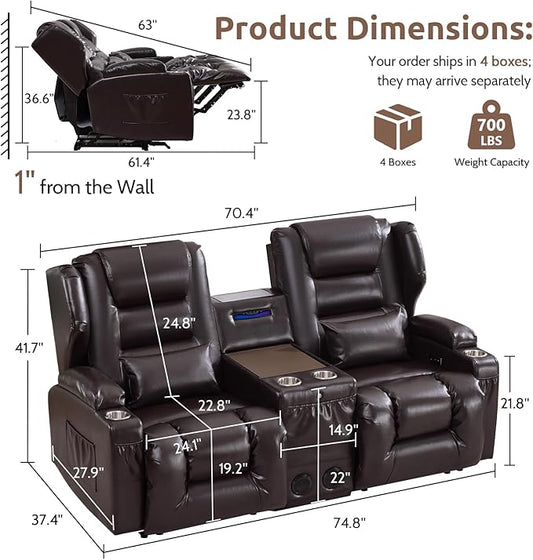 SAMERY Loveseat Recliner Sofa, Power Reclining Loveseat Sofa, Wall Hugger Recliners RV Couch with Console, Lift-Top Table, Rhythm & Ambient LED Lights, USB-C, Outlets, Faux Leather, Brown | Extra Wide Seat, Plush Padding, Dual Power Recline, Lift-Up Ta...